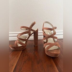 BCBGeneration Tan Strappy Sandal Heels, Size 7.5